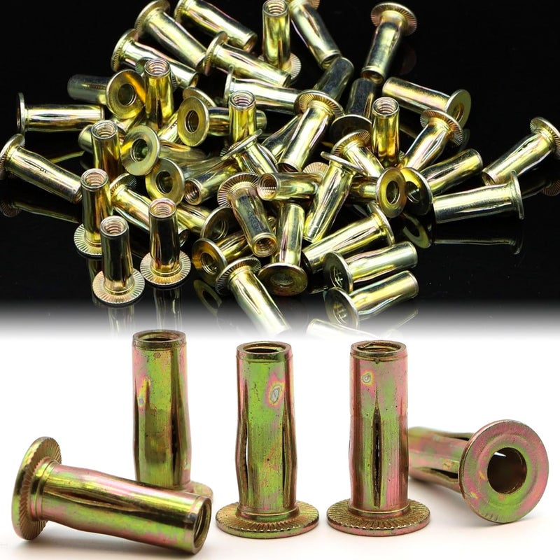 Terixe 100 Pack 1/4-20 Multi-Grip Rivet Nuts - Zinc-Plated Steel Construction Fasteners - Pre-Bulbed Shank - Flat Head Threaded Insert Plus Nut - Ideal for Household Items, Automobiles - Image 1